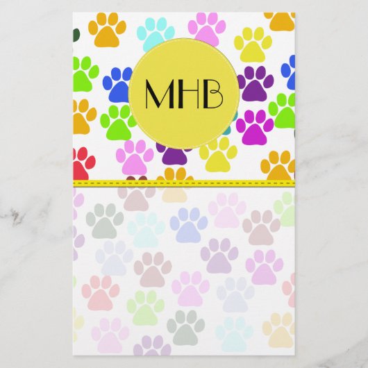 Kleurrijke poten, Paw Pattern, Dog Paws, Monogram Briefpapier (Voorkant)