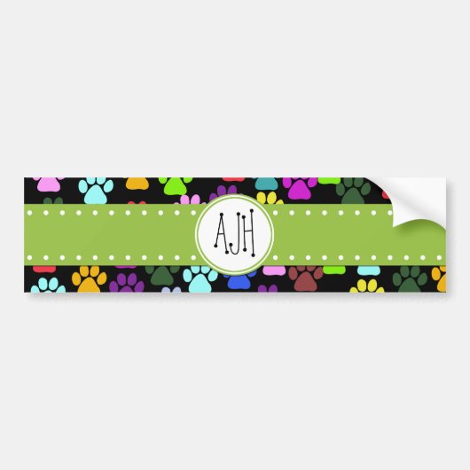 Kleurrijke poten, Paw Pattern, Dog Paws, Monogram Bumpersticker (Voorkant)