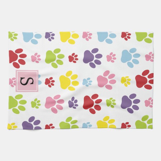 Kleurrijke poten, Paw Pattern, Dog Paws, Monogram Theedoek (Horizontaal)