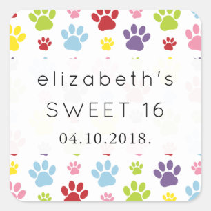 Kleurrijke poten, Paw Pattern, Dog Paws, Sweet 16 Vierkante Sticker