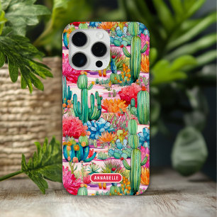 Kleurrijke Preppy Cactus Floral gepersonaliseerde iPhone 15 Pro Max Hoesje
