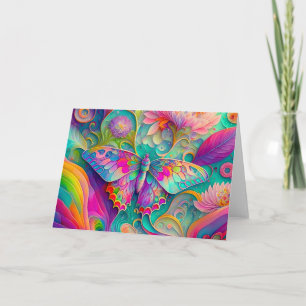 Kleurrijke psychedelische vlinder en bloemen kaart