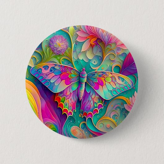 Kleurrijke psychedelische vlinder en bloemen ronde button 5,7 cm (Voorkant)