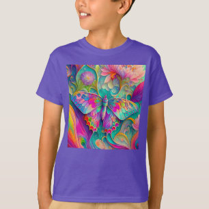 Kleurrijke psychedelische vlinder en bloemen t-shirt