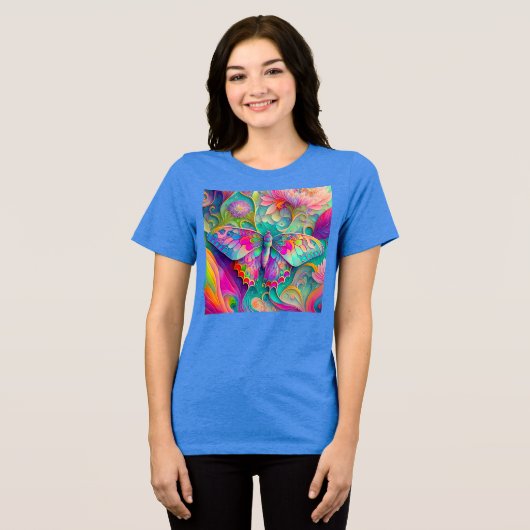 Kleurrijke psychedelische vlinder en bloemen Tri-Blend shirt (Voorkant volledig)