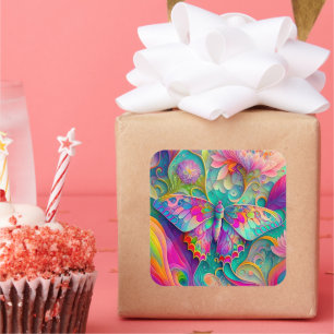 Kleurrijke psychedelische vlinder en bloemen vierkante sticker