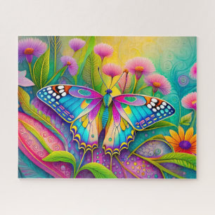 Kleurrijke psychedelische vlinder en wilde bloemen legpuzzel