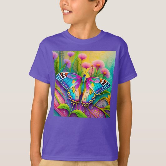 Kleurrijke psychedelische vlinder en wilde bloemen t-shirt (Voorkant)