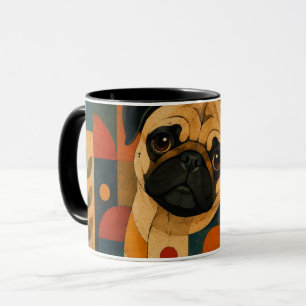 Kleurrijke Pug Volkskunst Geometrisch Hond Patroon Mok