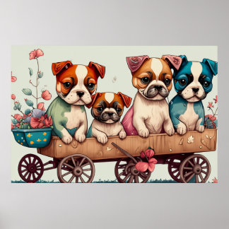 Kleurrijke Puppies in een wagen Poster