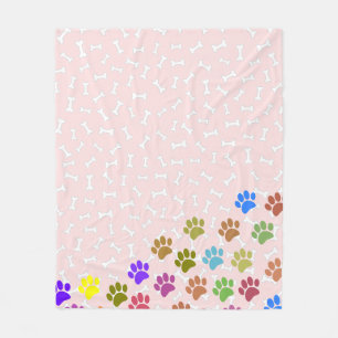Kleurrijke Puppy Paw Prints en Botten Lichtroze Fleece Deken