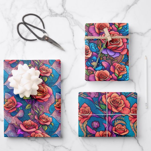 Kleurrijke Rainbow Rozen Flora Wrapping Paper (Voorkant)