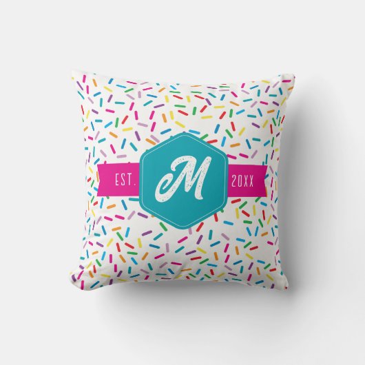Kleurrijke Rainbow Sprinkles Retro Monogram Kussen (Voorkant)