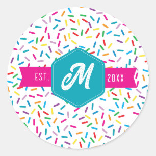 Kleurrijke Rainbow Sprinkles Retro Monogram Ronde Sticker