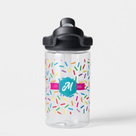 Kleurrijke Rainbow Sprinkles Retro Monogram Waterfles (Achterkant)