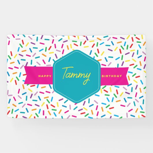Kleurrijke Rainbow Sprinkles verjaardagsfeestje Spandoek (Horizontaal)