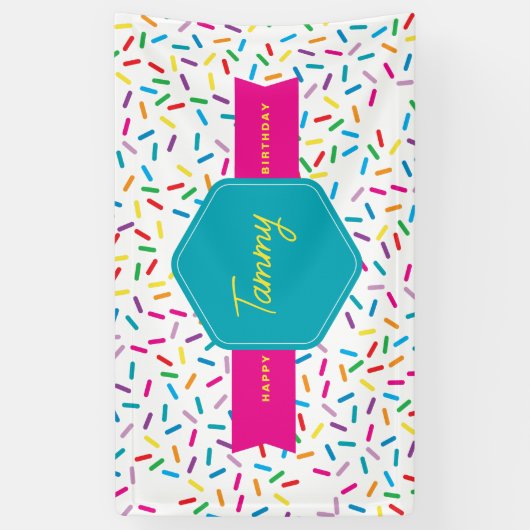 Kleurrijke Rainbow Sprinkles verjaardagsfeestje Spandoek (Verticaal)