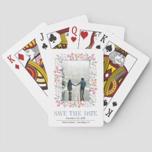 Kleurrijke rand stoffig blauwe trouw Save the Date Pokerkaarten