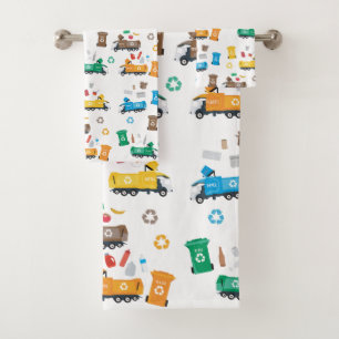 Kleurrijke recyclingvuilniswagens en -bakken bad handdoek