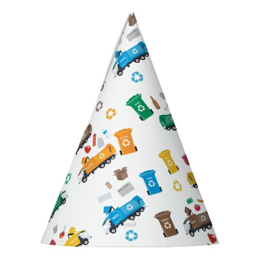 Kleurrijke recyclingvuilniswagens en -bakken feesthoedjes (Links)