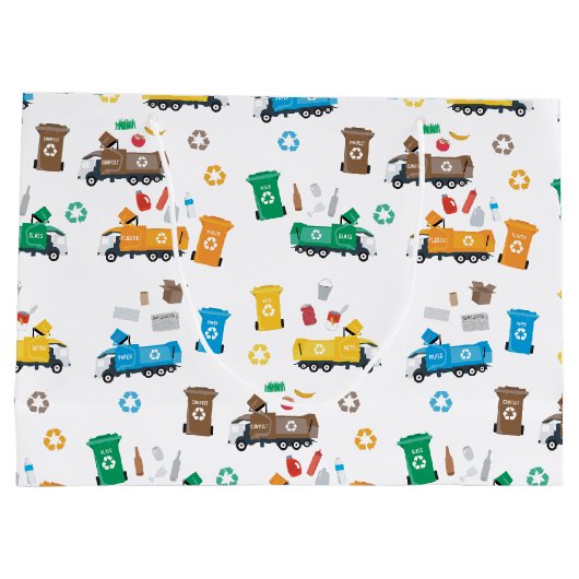 Kleurrijke recyclingvuilniswagens en -bakken groot cadeauzakje (Achterkant)