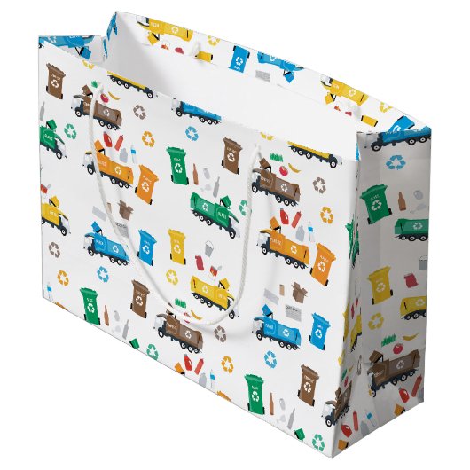 Kleurrijke recyclingvuilniswagens en -bakken groot cadeauzakje (Achterkant Gekanteld)