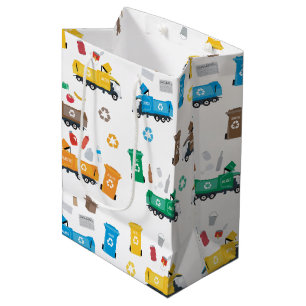 Kleurrijke recyclingvuilniswagens en -bakken medium cadeauzakje