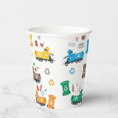 Kleurrijke recyclingvuilniswagens en -bakken papieren bekers (Rechts)