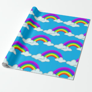 Kleurrijke regenbogen en wolken op blauw cadeaupapier