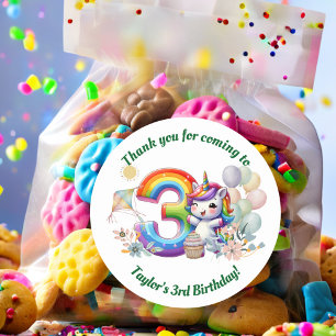 Kleurrijke regenboog en eenhoorn 3e verjaardagsfee ronde sticker