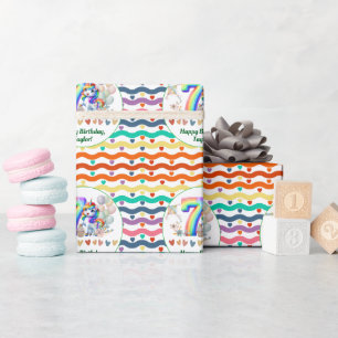 Kleurrijke regenboog en eenhoorn 7e verjaardagsfee cadeaupapier