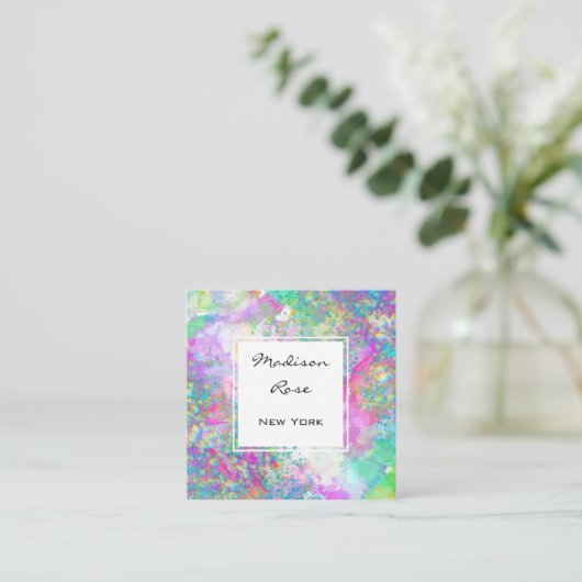 Kleurrijke Regenboog Holografische Luxe Trendy Mod Vierkante Visitekaartje (Staand voorkant)