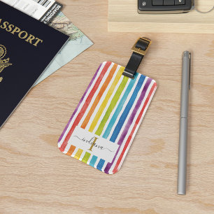 Kleurrijke Regenboog Monogram Naam Waterverf Strep Bagagelabel