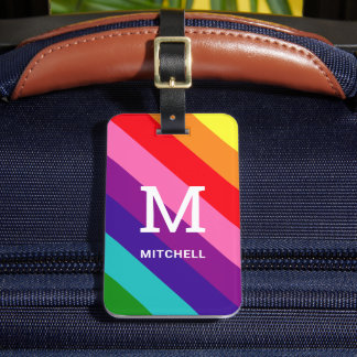 Kleurrijke Regenboog Streep Monogram en Naam Bagagelabel