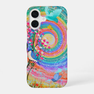 Kleurrijke Regenboog Wilde Bloemen Vogels Vlinders iPhone 16 Hoesje