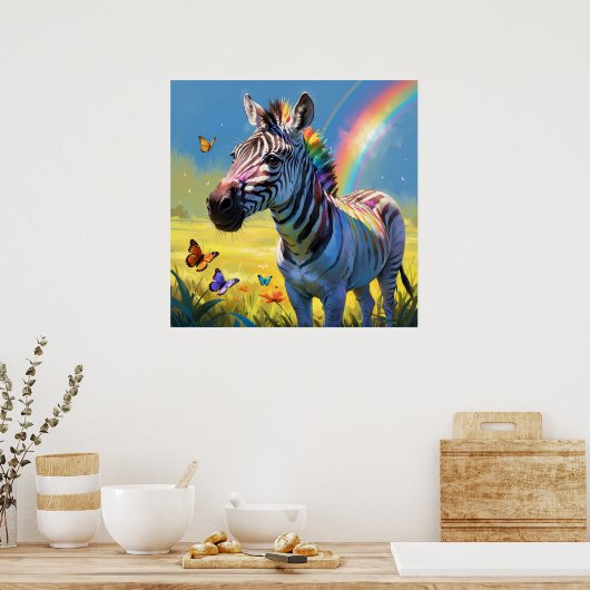 Kleurrijke Regenboog Zebra met Vlinders Schilderen Poster (Keuken)