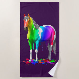 Kleurrijke regenboogdruppelaar Natte verf Paard Strandlaken