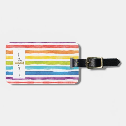 Kleurrijke regenboogmonogram Naam Waterverf Stripe Bagagelabel (Voorkant horizontaal)