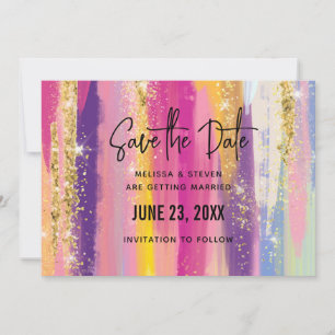 Kleurrijke regenboogstrips met Faux Gold Glitter Save The Date