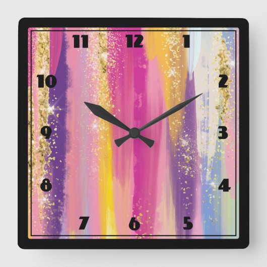 Kleurrijke regenboogstrips met Faux Gold Glitter Vierkante Klok (Voorkant)