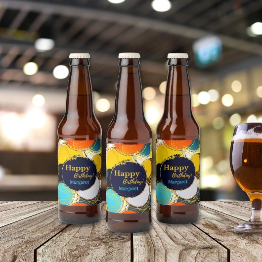 Kleurrijke Retro 70s Happy Birthday Personaliseer  Bier Etiket