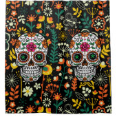 Kleurrijke Retro Bloemen & Bloemen Suikerschedel Douchegordijn (Voorkant)