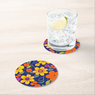 Kleurrijke Retro bloemen-Dopamine stijl Ronde Kartonnen Onderzetter