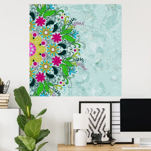 Kleurrijke retro bloemen en zwanen. poster (Thuiskantoor)