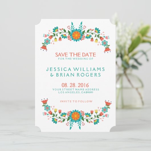 Kleurrijke Retro Bloemen Frame Save the Date (Staand voorkant)