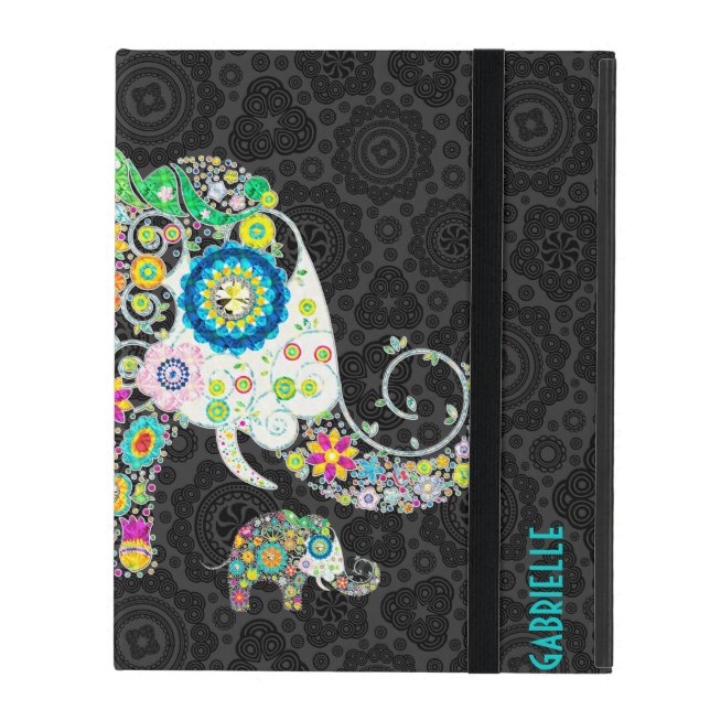 Kleurrijke Retro Bloemen Leuke Olifant iPad Hoesje (Voorkant Dicht)