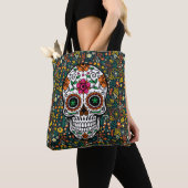 Kleurrijke Retro Bloemen Patroon & Suikerschedel Tote Bag (Dichtbij)