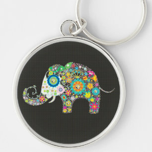 Kleurrijke Retro Bloemenolifant met Diamantstuds Sleutelhanger