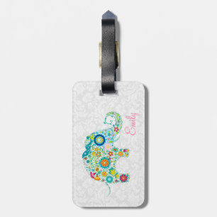 Kleurrijke Retro Bloemenolifant Witte Damasks Bagagelabel