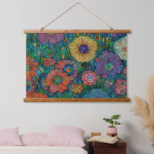 Kleurrijke Retro bloementuin Hangend Wandkleed (Slaapkamer)